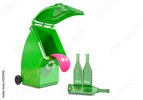 Recycling container for glass eats bottles, 3d rendering