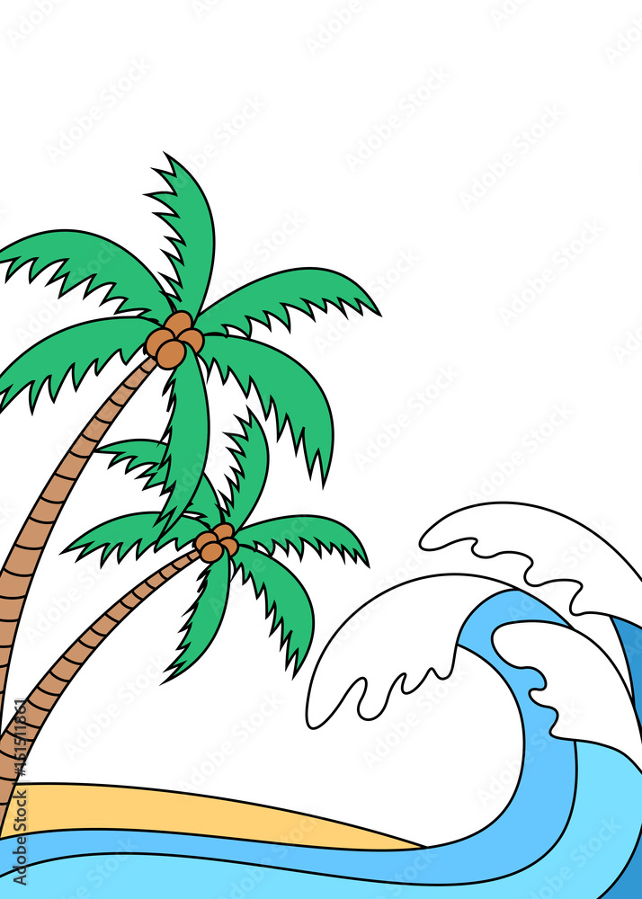 Fotografie Drawing style illudtration of palm trees and ocean waves