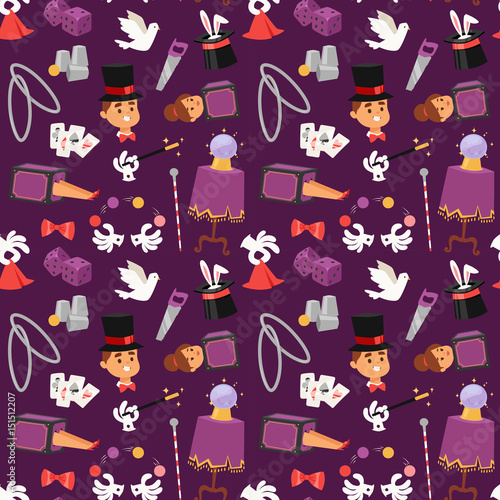 Magician illusionist vector seamless pattern background.