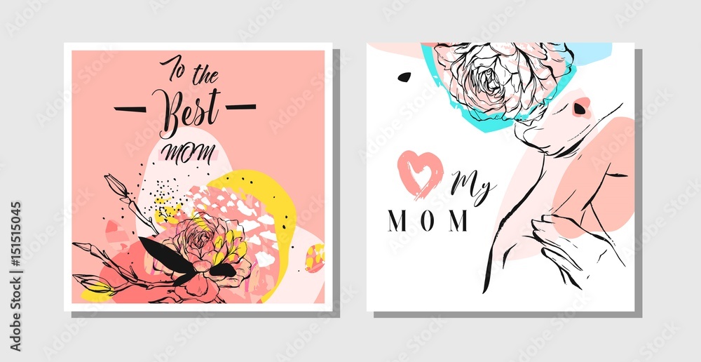 Fototapeta Hand drawn vector abstract greeting cards set with Happy Mothers Day typography and woman figure with abstract flowers isolated on white background,feminine design for card,invitation,save the date.