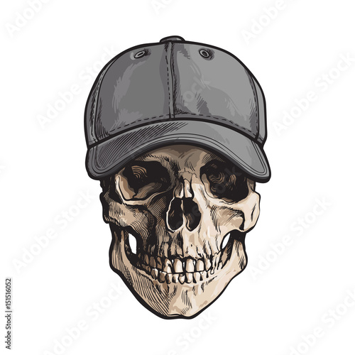 Hand drawn human skull wearing grey colored unlabelled baseball cap, sketch vector illustration isolated on white background. Realistic hand drawing of skull wearing baseball cap