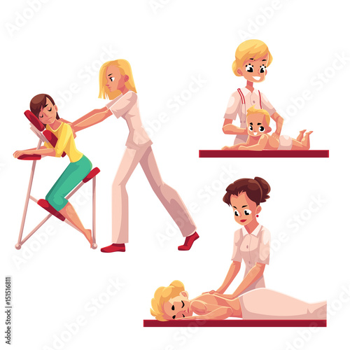 Professional baby, woman, mobile chair massage services set, cartoon vector illustration on white background. Professional female massage therapist doing baby, back, corporate mobile chair massage