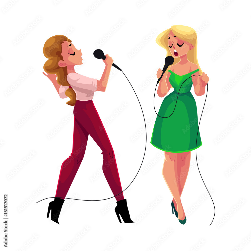 Two pretty girls, women singing together, karaoke party, contest,  competition, cartoon vector illustration isolated on white background. Full  length portrait of two karaoke singers singing together vector de Stock |  Adobe Stock