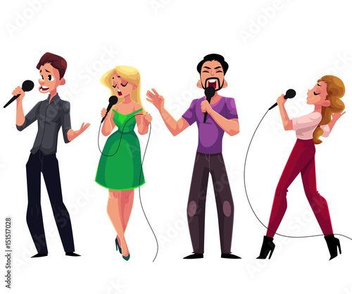 Men and women singing karaoke, holding microphones, cartoon vector illustration isolated on white background. Full length portrait of male and female karaoke singers, competition, party, celebration