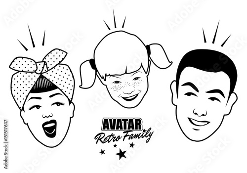 Avatar Retro Family. Cartoon faces retro style. Vector illustration.