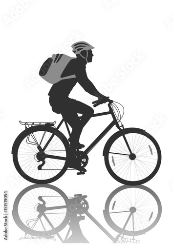 Cycling man. Cyclist in helmet with gray backpack. Bicycle with basket. Black silhouette isolated on white background. Vector illustration.