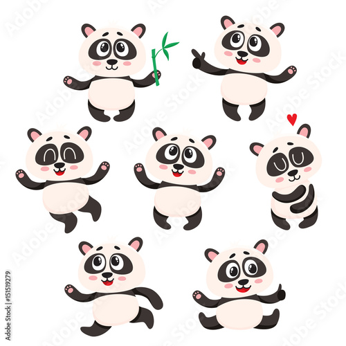 Fototapeta Naklejka Na Ścianę i Meble -  Set of cute smiling baby panda characters - smiling, dancing, jumping, cartoon vector illustration isolated on white background. Cute and fanny panda bear character, mascot collection