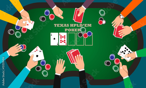 People playing poker around a poker table with dealer. Vector EPS10
