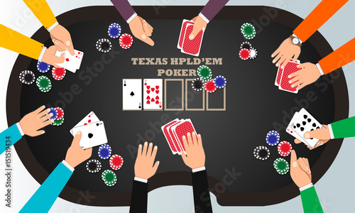 People playing poker around a poker table with dealer. Vector EPS10