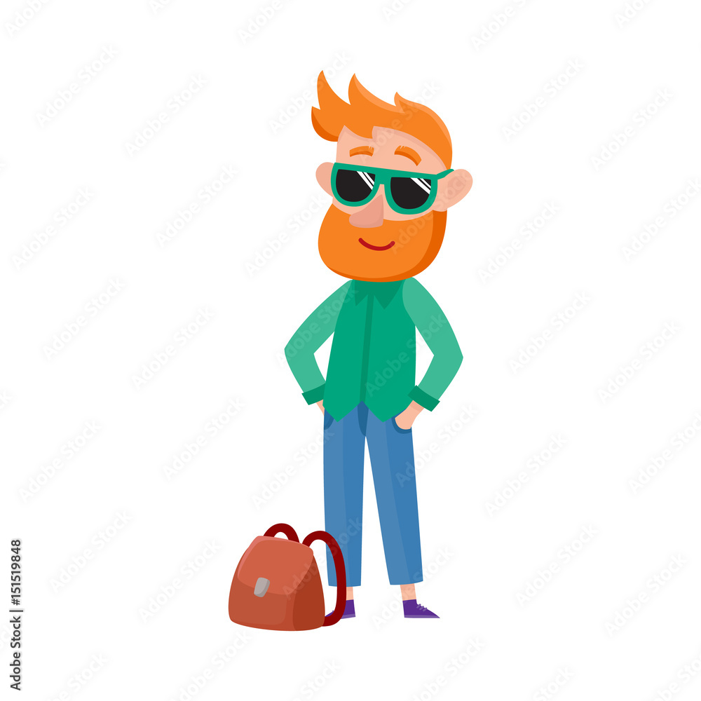 Young tourist, hipster red haired man in sunglasses standing hands in  pockets, cartoon vector illustration isolated on white background. Full  length portrait of young man tourist in sunglasses Stock Vector | Adobe
