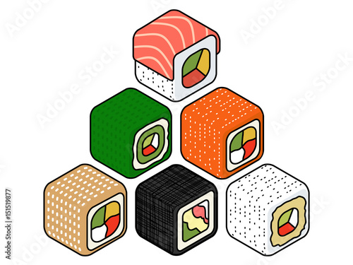 Colorful Isometric set of a few kinds of sushi rolls Vector flat style design isolated on white background