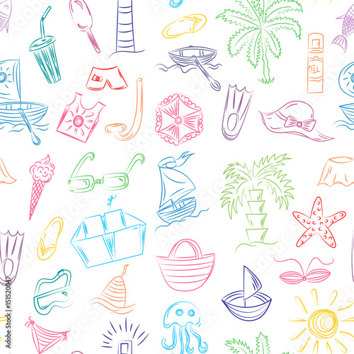 Colorful Hand Drawings of Summer Vacancies Symbols. Doodle Boats, Ice cream, Palms, Hat, Umbrella, Jellyfish, Cocktail, Sun. Vector Illustration.