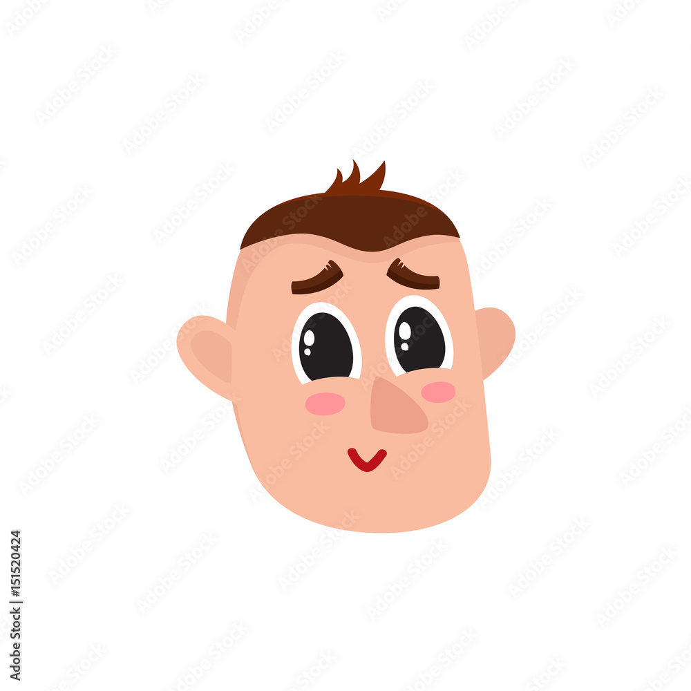 Male head with smiling, greening face, rosy cheeks, big eyes, raised  eyebrows, cartoon vector illustration on white background. Funny cartoon  male head with shy smiling face expression Stock Vector | Adobe Stock