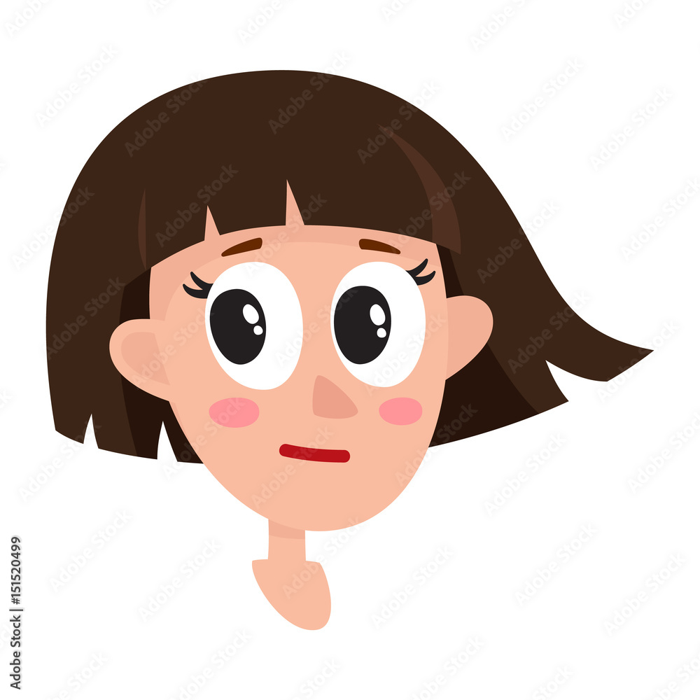 Pretty dark brown hair woman, neutral facial expression, cartoon vector illustrations isolated on white background. Beautiful woman feeling glad, serene, relaxed, delighted. Neutral face expression Pretty dark brown hair woman, neutral facial expression, cartoon vector illustrations isolated on white background. Beautiful woman feeling glad, serene, relaxed, delighted. Neutral face expression