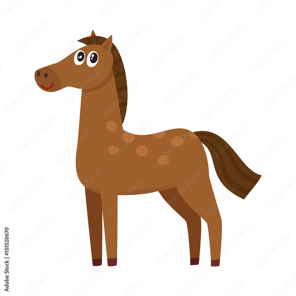 Well gromed brown horse with big eyes, cartoon vector illustration isolated on white background. Cute and funny farm horse with friendly face and big eyes Well gromed brown horse with big eyes, cartoon vector illustration isolated on white background. Cute and funny farm horse with friendly face and big eyes