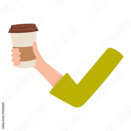Woman arm, hand holding paper coffee cup, breakfast, morning energy boost, cartoon vector illustration isolated on white background. Cartoon female hand holding paper coffee cap with plastic lid