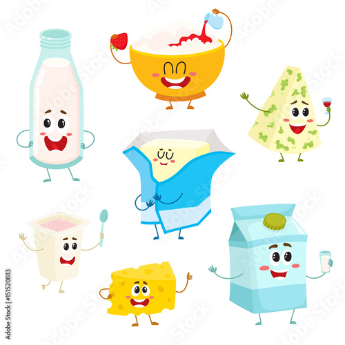 Set of funny dairy products with smiling human faces, cartoon vector illustration isolated on a white background. Cute and funny milk, blue, cottage, farm cheese, yogurt, butter dairy product set
