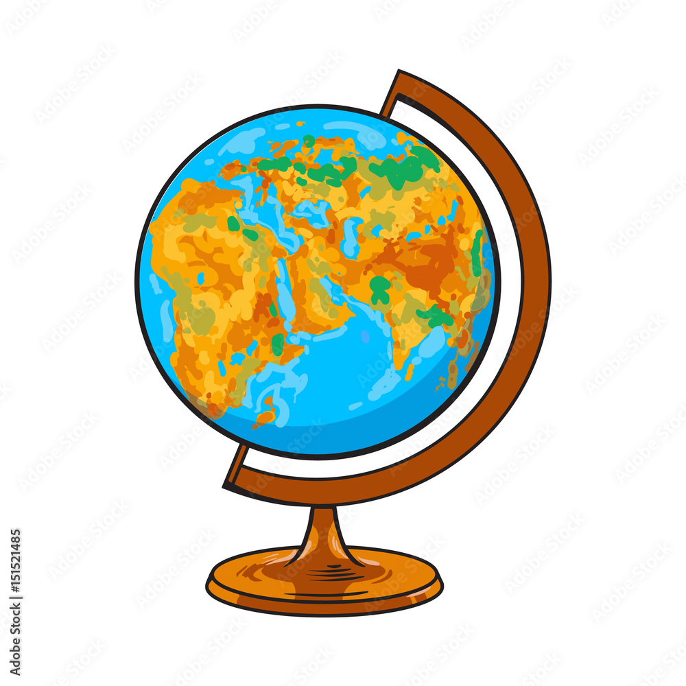 Hand drawn school classroom globe, geographical map, sketch style vector  illustration isolated on white background. Realistic hand drawing of school  geographical globe Stock Vector | Adobe Stock