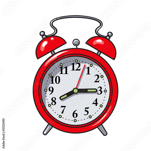 Retro style red analog alarm clock, hand drawn sketch style vector illustration isolated on white background. Realistic hand drawing of red analog retro, vintage alarm clock with two bells