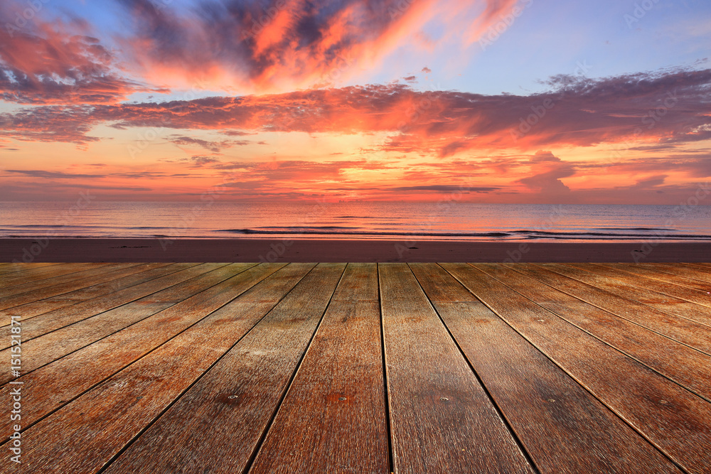 Wood Texture empty with sky and clouds, sunrise background in morning beach