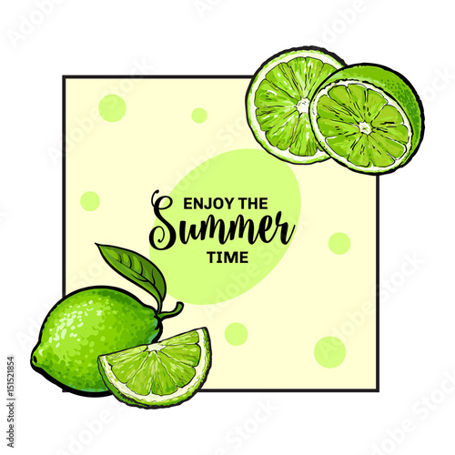 Banner, label, card design with whole and half green lime fruits and place for text, sketch style vector illustration on white background. Banner, postcard, label design with hand drawn lime fruits