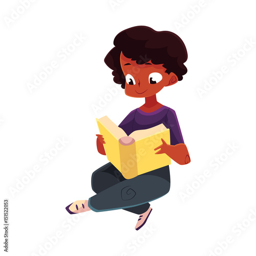 Little black, African American boy, kid reading book sitting with crossed legs on the floor, cartoon vector illustration isolated on white background. Black, African boy, kid reading book sitting