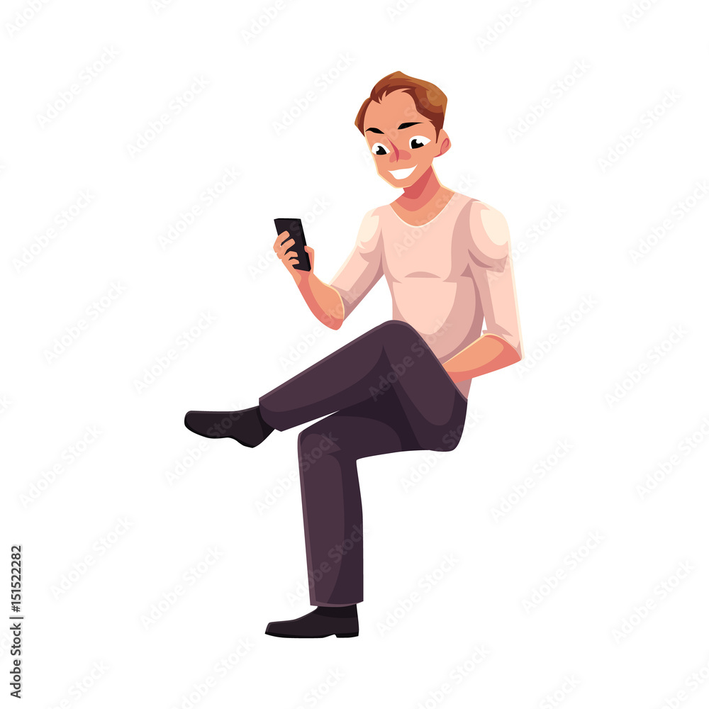 Man sitting, playing with smartphone, texting, messaging, using mobile phone, cartoon vector illustration isolated on white background. Full length portrait of young man sitting and using mobile phone Man sitting, playing with smartphone, texting, messaging, using mobile phone, cartoon vector illustration isolated on white background. Full length portrait of young man sitting and using mobile phone