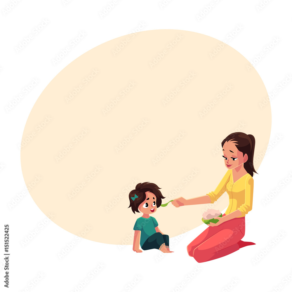Mother spoon feeding her little daughter sitting on the floor, cartoon vector illustration with space for text. Mother, mom holding bowl of porridge, feeding her daughter sitting on the floor Mother spoon feeding her little daughter sitting on the floor, cartoon vector illustration with space for text. Mother, mom holding bowl of porridge, feeding her daughter sitting on the floor