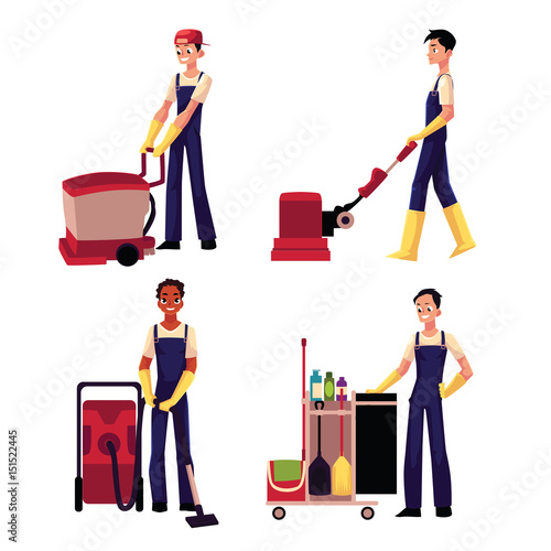 Set of cleaning service boy, man, cleaner in overalls, cartoon vector illustration isolated on white background. Cleaning service boy doing vacuum cleaning, washing, pushing cleaning trolley