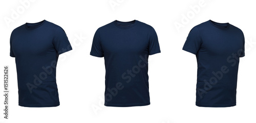 Dark blue sleeveless T-shirt. t-shirt front view three positions on a white background