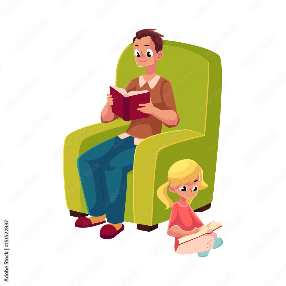 Young man sitting in comfortable armchair and little girl reading books sitting legs crossed on the floor, cartoon vector illustration isolated on white background. father and daugther reading Young man sitting in comfortable armchair and little girl reading books sitting legs crossed on the floor, cartoon vector illustration isolated on white background. father and daugther reading