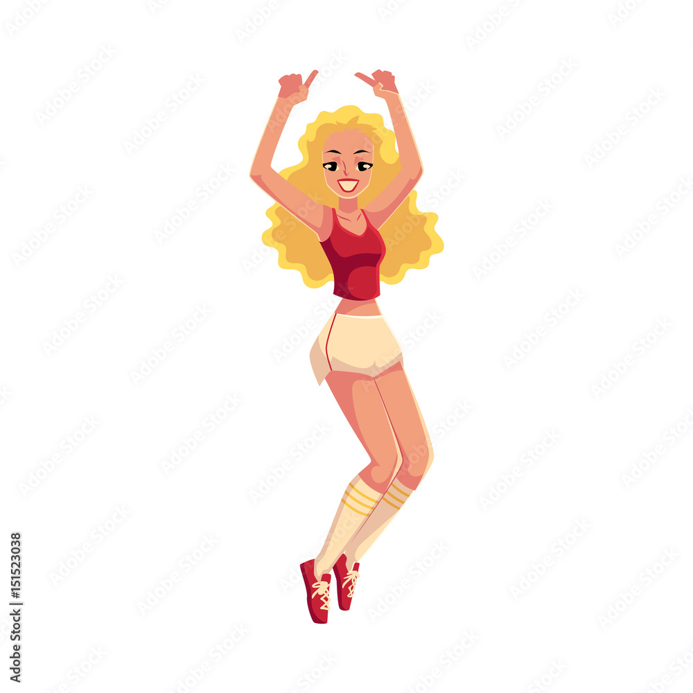Blond girl, woman in 80s style aerobics outfit enjoying sport dance  workout, cartoon vector illustration isolated on white background. Retro  style girl, woman in shorts and knee socks, aerobic workout Stock Vector |