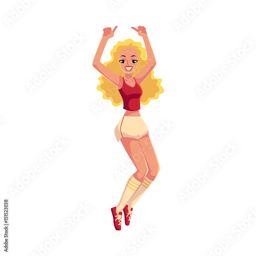 Blond girl, woman in 80s style aerobics outfit enjoying sport dance workout, cartoon vector illustration isolated on white background. Retro style girl, woman in shorts and knee socks, aerobic workout