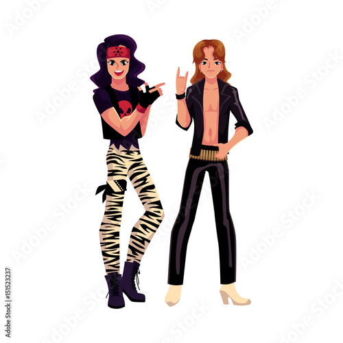 Two men dressed as glam rock stars, long hair, leather, heavy boots, cartoon vector illustration isolated on white background. Full length portrait of two young people dressed as glam rock stars