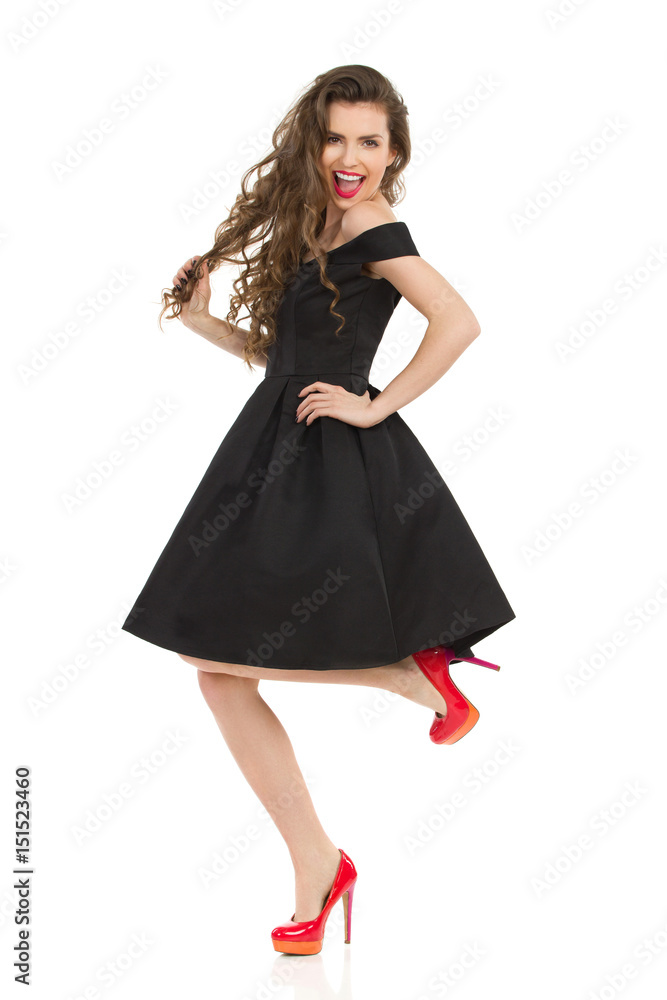 Elegant Happy Woman Is Dancing On One Leg Elegant Happy Woman Is Dancing On One Leg