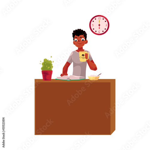 Young black, African American businessman having breakfast, holding coffee cup, reading, cartoon vector illustration isolated on white background. Black, African businessman, student having breakfast
