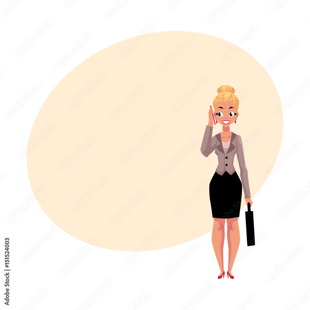 Young blond businesswoman with briefcase calling, talking by mobile phone, cartoon vector illustration with space for text. Businesswoman, business woman standing with briefcase and phone Young blond businesswoman with briefcase calling, talking by mobile phone, cartoon vector illustration with space for text. Businesswoman, business woman standing with briefcase and phone