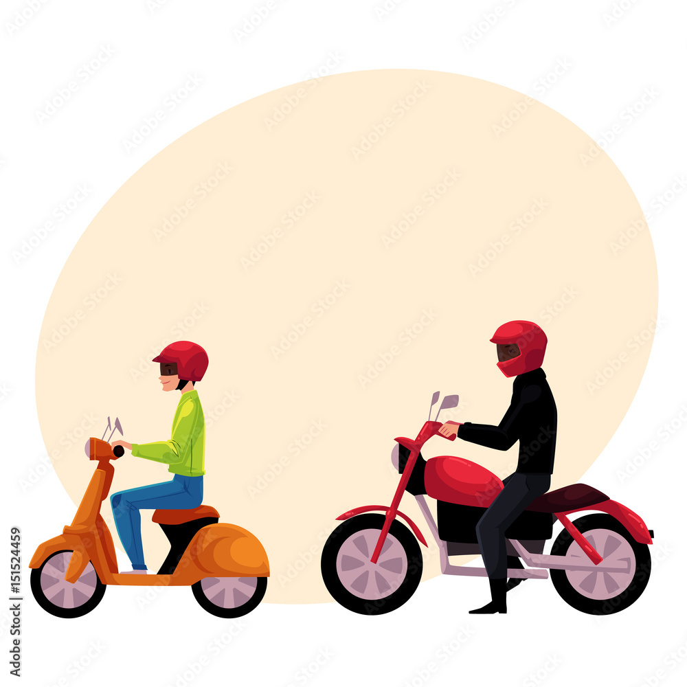 Motorcycle, motorbike and scooter drivers, riders wearing helmet, side vew, cartoon vector illustration with space for text. Motorcycle and scooter, two types of typical urban transport