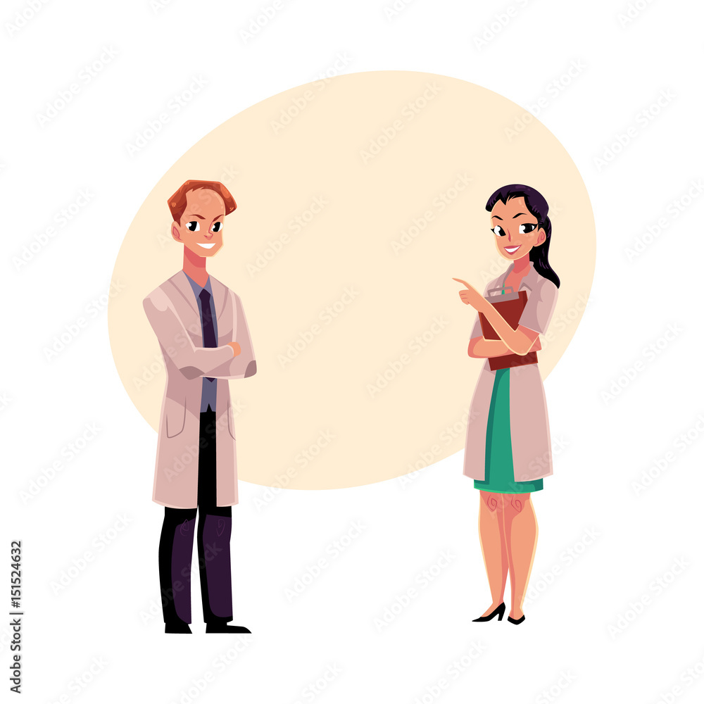 Male and female doctors in white medical coats, man with arms folded, woman pointing right, cartoon vector illustration with space for text. Full length portrait of two doctors, front view Male and female doctors in white medical coats, man with arms folded, woman pointing right, cartoon vector illustration with space for text. Full length portrait of two doctors, front view