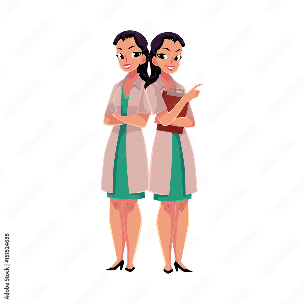 Two female, woman doctors in white medical coats, one with arms folded, another holding clipboard, cartoon vector illustration isolated on white background. Full length portrait of two female doctors Two female, woman doctors in white medical coats, one with arms folded, another holding clipboard, cartoon vector illustration isolated on white background. Full length portrait of two female doctors
