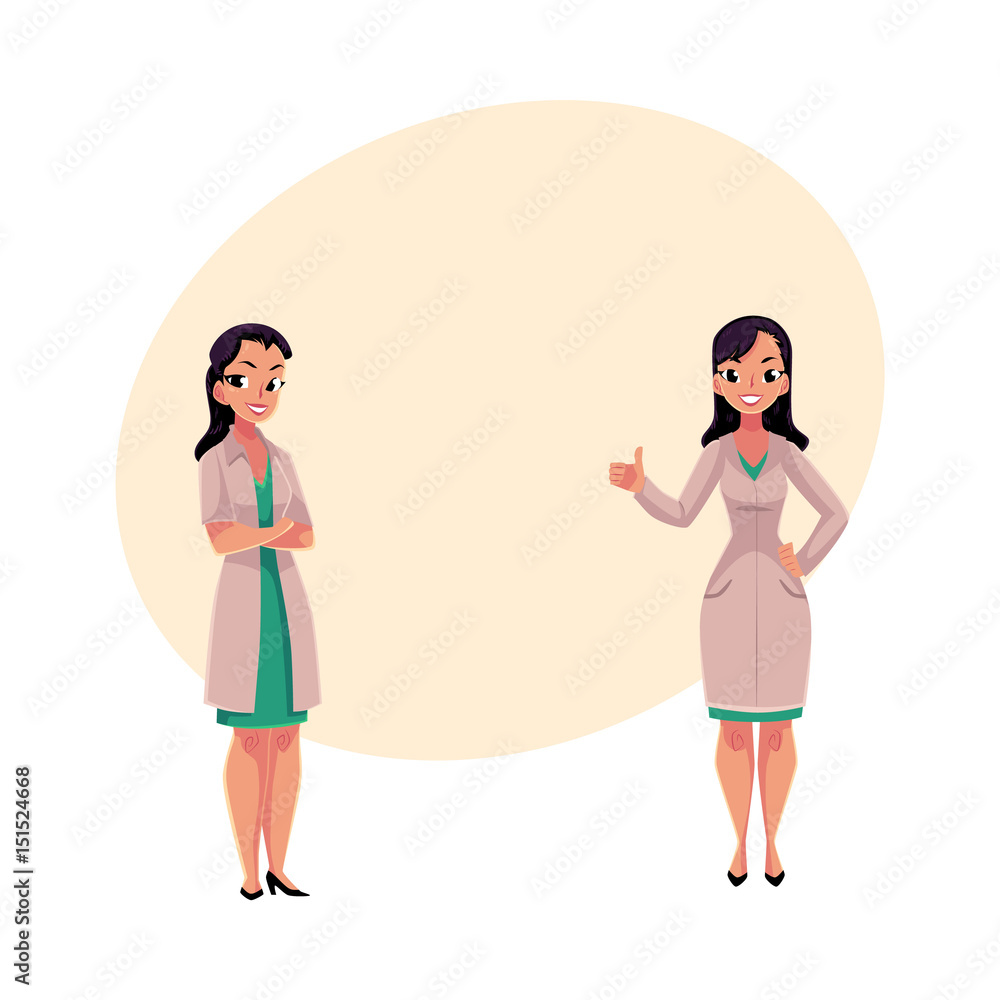 Two female, woman doctors in white medical coats, one with arms folded, another showing thumb up, cartoon vector illustration with space for text. Full length portrait of two female doctors Stock Vector | Two female, woman doctors in white medical coats, one with arms folded, another showing thumb up, cartoon vector illustration with space for text. Full length portrait of two female doctors Stock Vector |