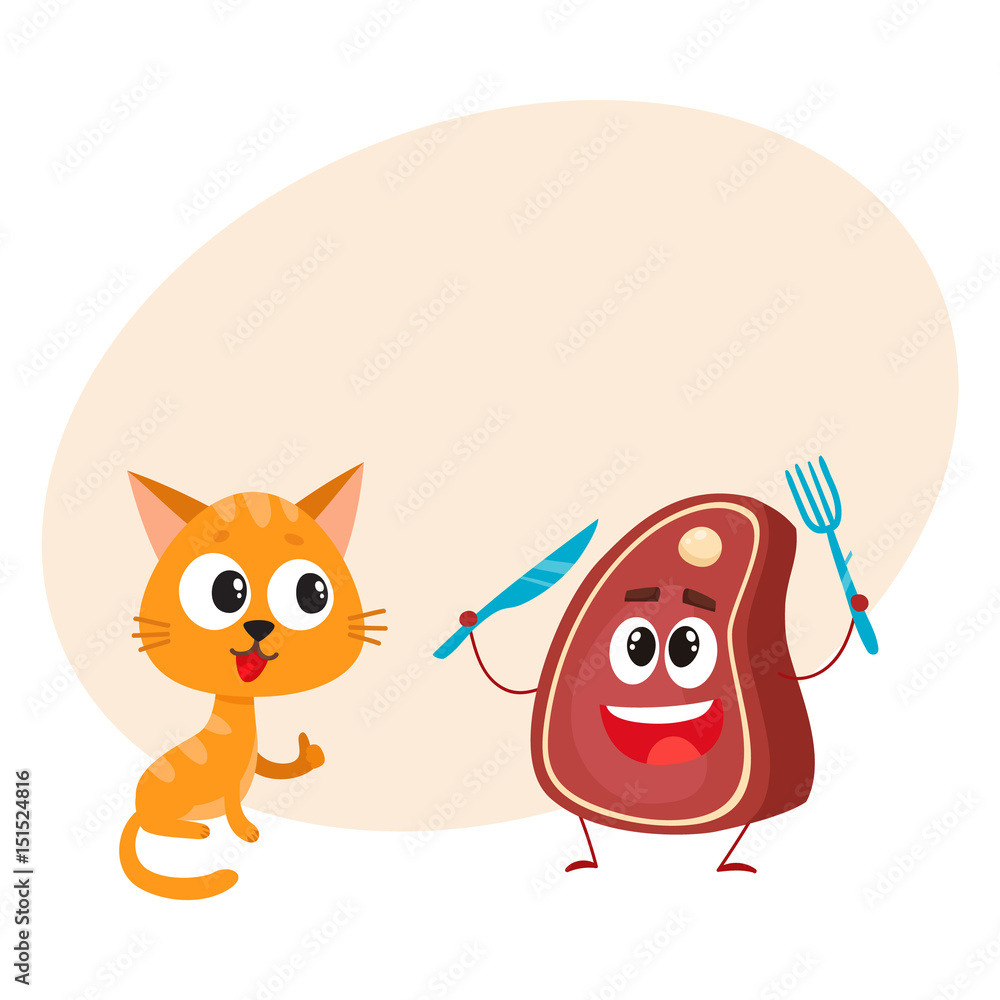 Fototapeta premium Funny red cat, kitten character looking at meat, steak holding fork and knife, cartoon vector illustration with space for text. Funny red cat, kitten character and piece of steak