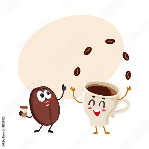 Funny characters of crazy coffee bean and juggling espresso cup, cartoon vector illustration with space for text. Coffee bean hands up from awe and juggling espresso cup characters, mascots