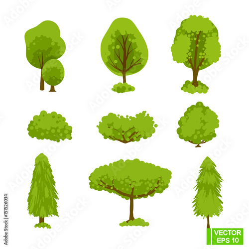 Set of green trees  shrubs.