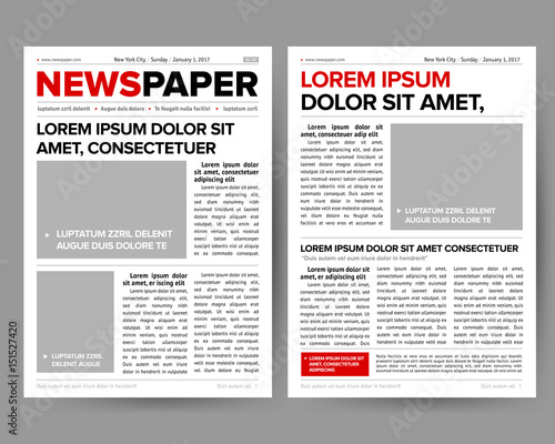 Daily newspaper journal design template with two-page opening editable headlines quotes text articles and images vector illustration