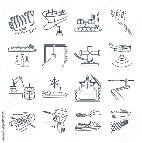 set of thin line icons water transport and sea port, gas tanker, overseas shipping