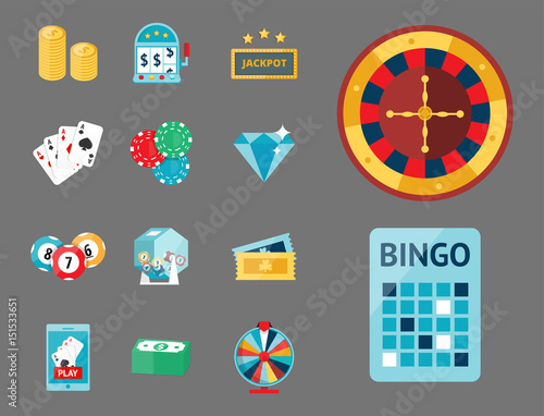 Casino game poker gambler symbols blackjack cards money winning roulette joker vector illustration.