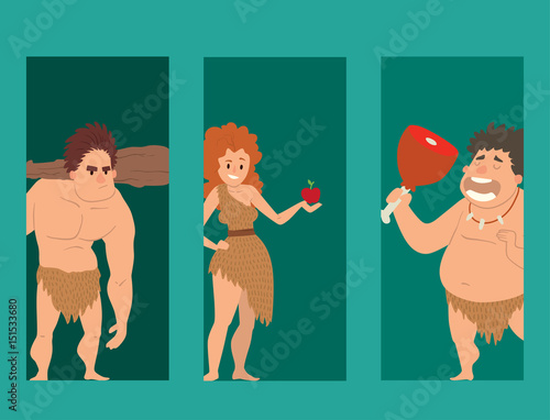 Caveman primitive stone age cartoon neanderthal people character evolution vector illustration.