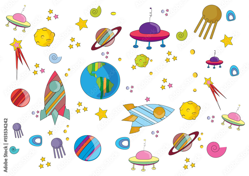 Drawing  space, moon, star, abstract, rocket, planet