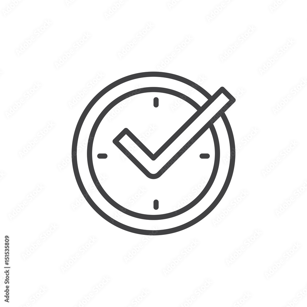 Check mark on clock, real time protection outline icon, line vector sign, linear style pictogram isolated on white. Symbol, logo illustration. Editable stroke. Pixel perfect Check mark on clock, real time protection outline icon, line vector sign, linear style pictogram isolated on white. Symbol, logo illustration. Editable stroke. Pixel perfect